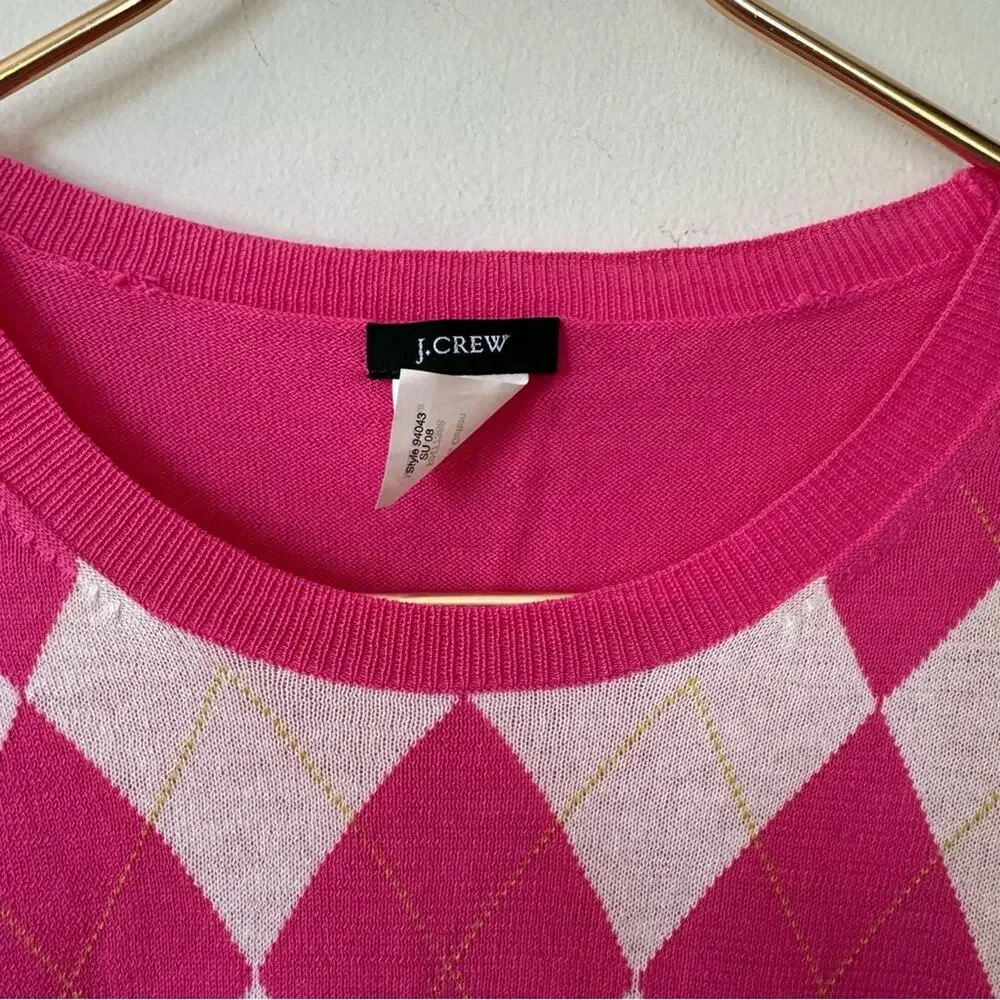 J. Crew Y2K Preppy Hot Pink Argyle Short Sleeve Lightweight Sweater M